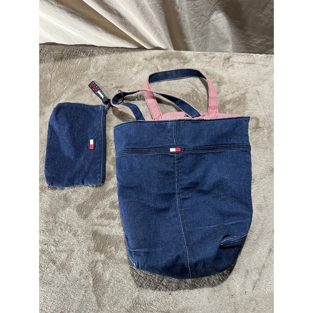 Vintage Tommy Hilfiger Denim Tote Bag & Matching Pouch Red Gingham Check 2-Piece